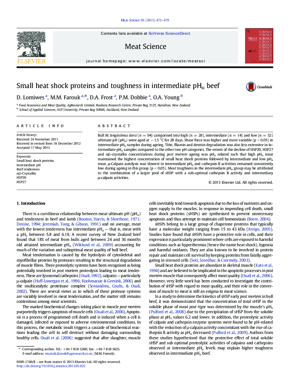 Small heat shock proteins and toughness in intermediate pHu beef