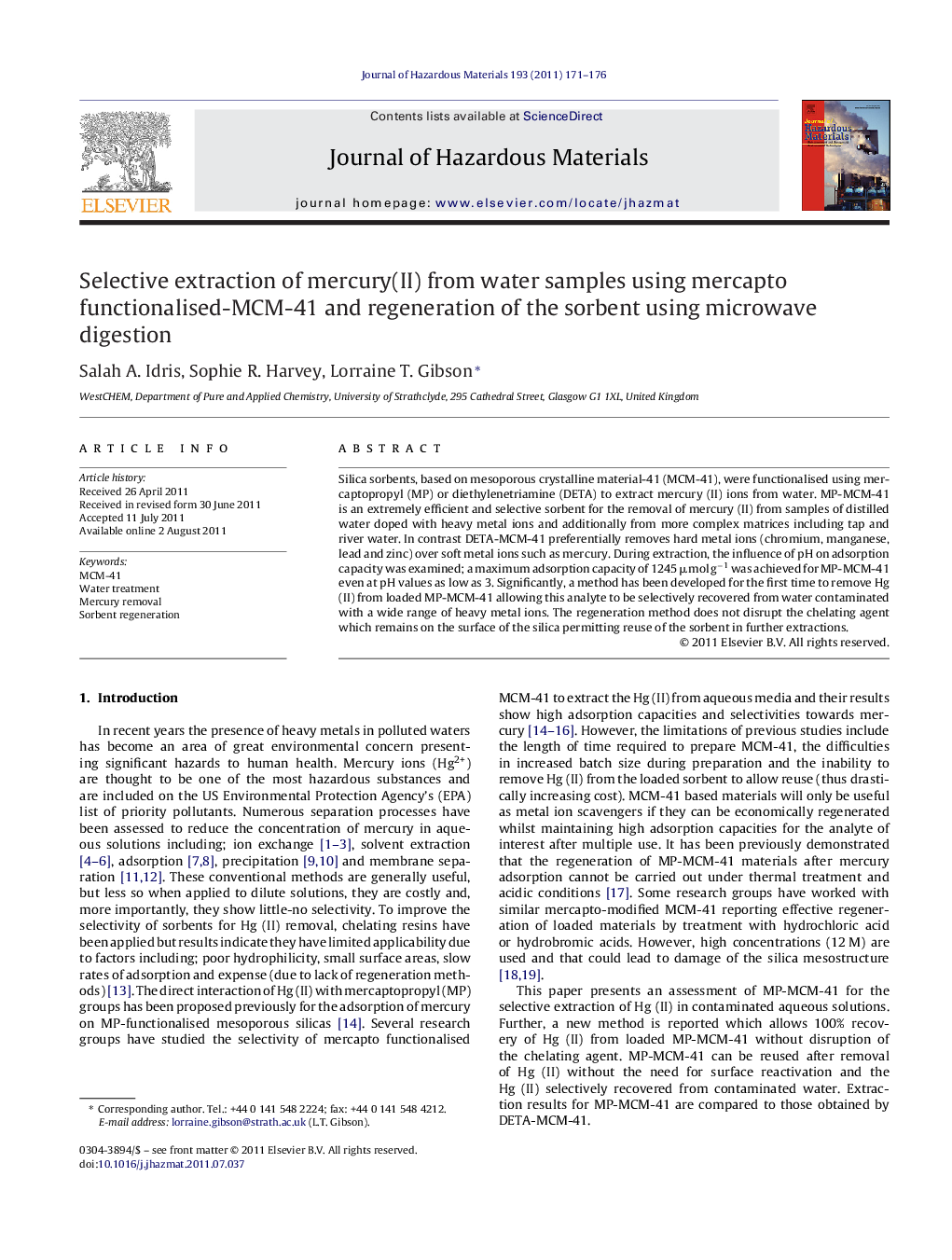 Selective extraction of mercury(II) from water samples using mercapto functionalised-MCM-41 and regeneration of the sorbent using microwave digestion