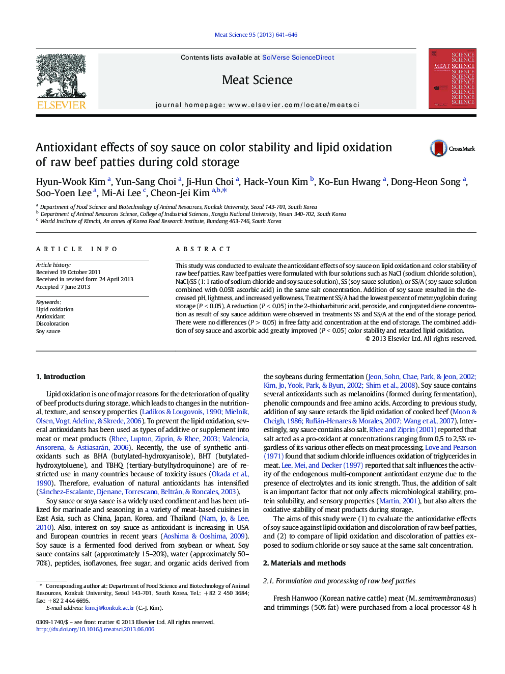 Antioxidant effects of soy sauce on color stability and lipid oxidation of raw beef patties during cold storage