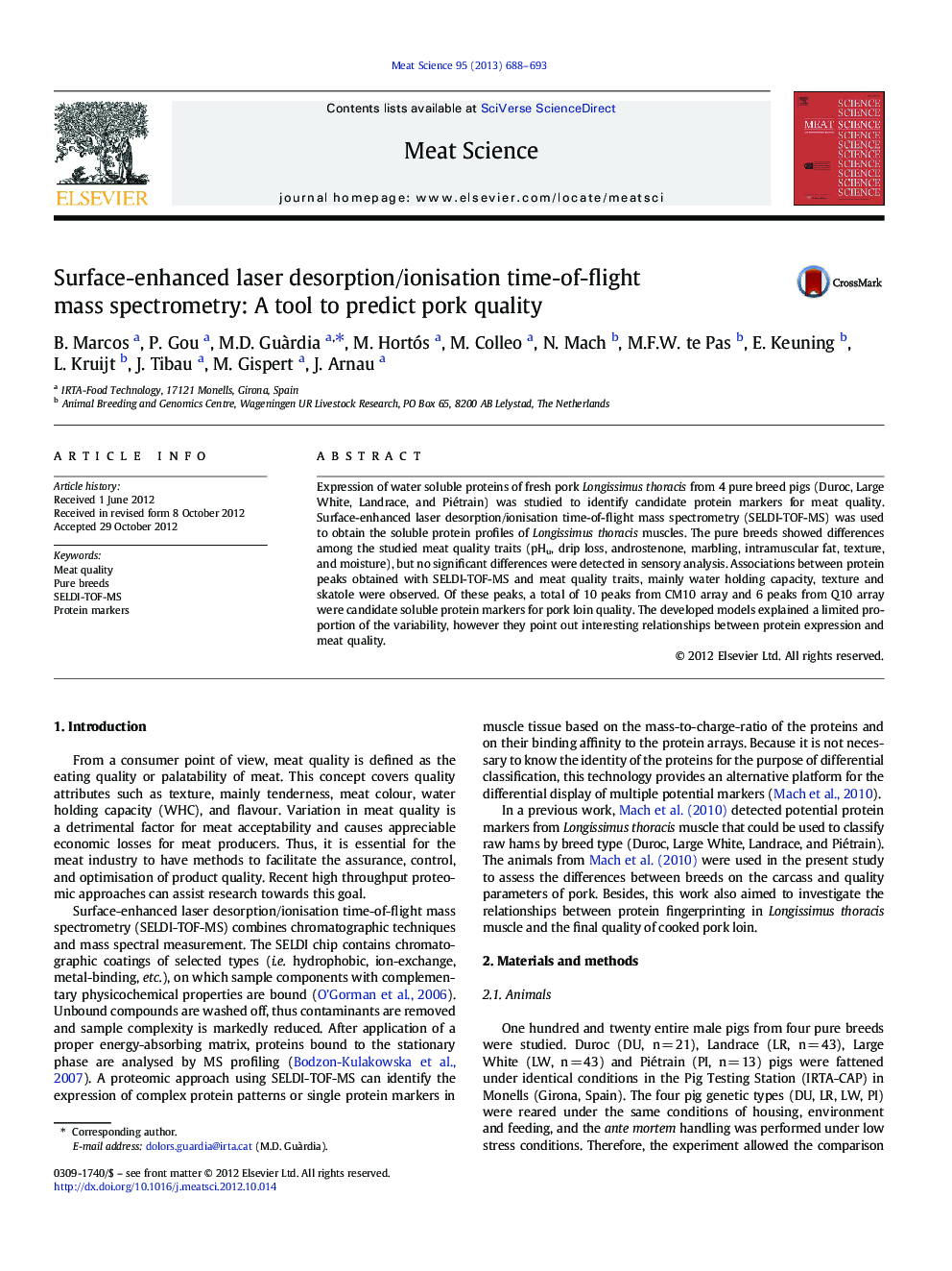 Surface-enhanced laser desorption/ionisation time-of-flight mass spectrometry: A tool to predict pork quality