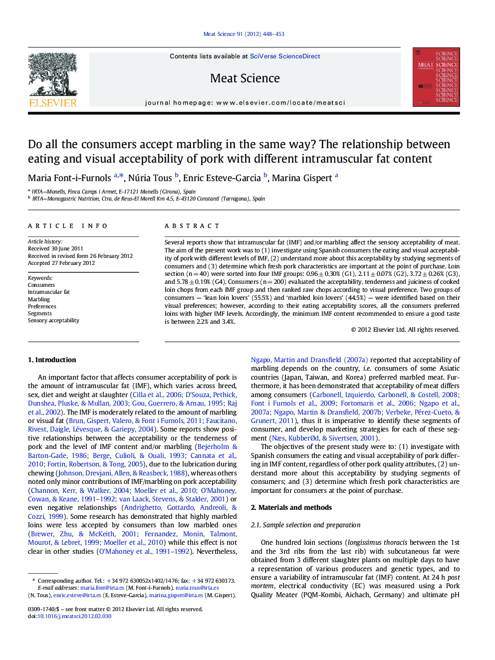 Do all the consumers accept marbling in the same way? The relationship between eating and visual acceptability of pork with different intramuscular fat content