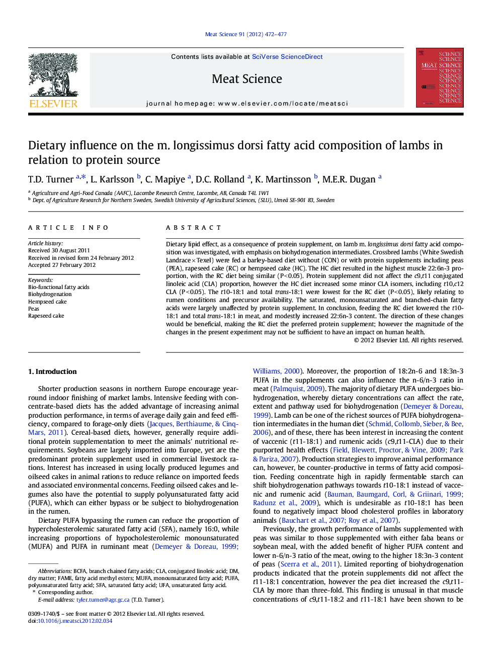 Dietary influence on the m. longissimus dorsi fatty acid composition of lambs in relation to protein source