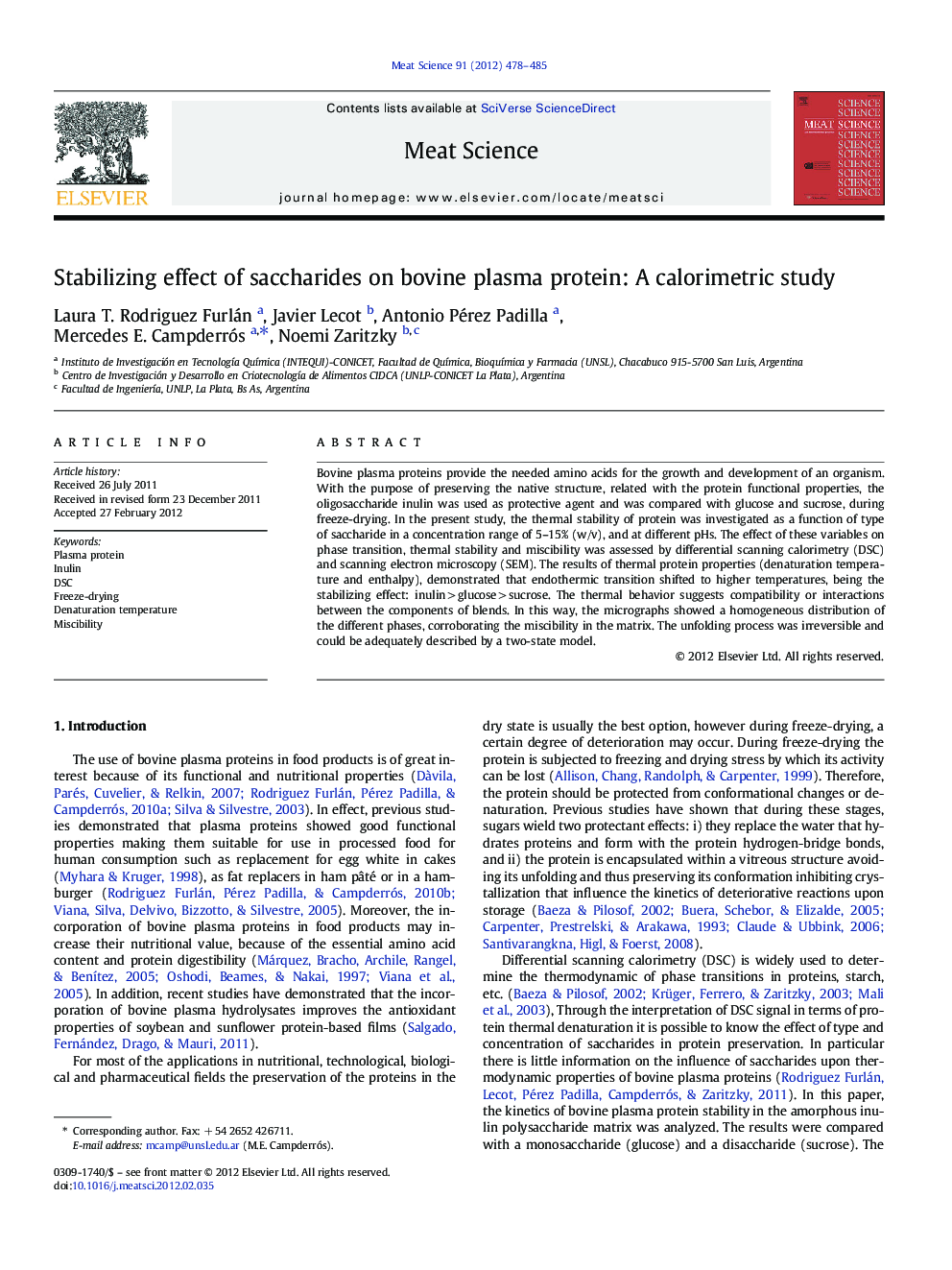 Stabilizing effect of saccharides on bovine plasma protein: A calorimetric study