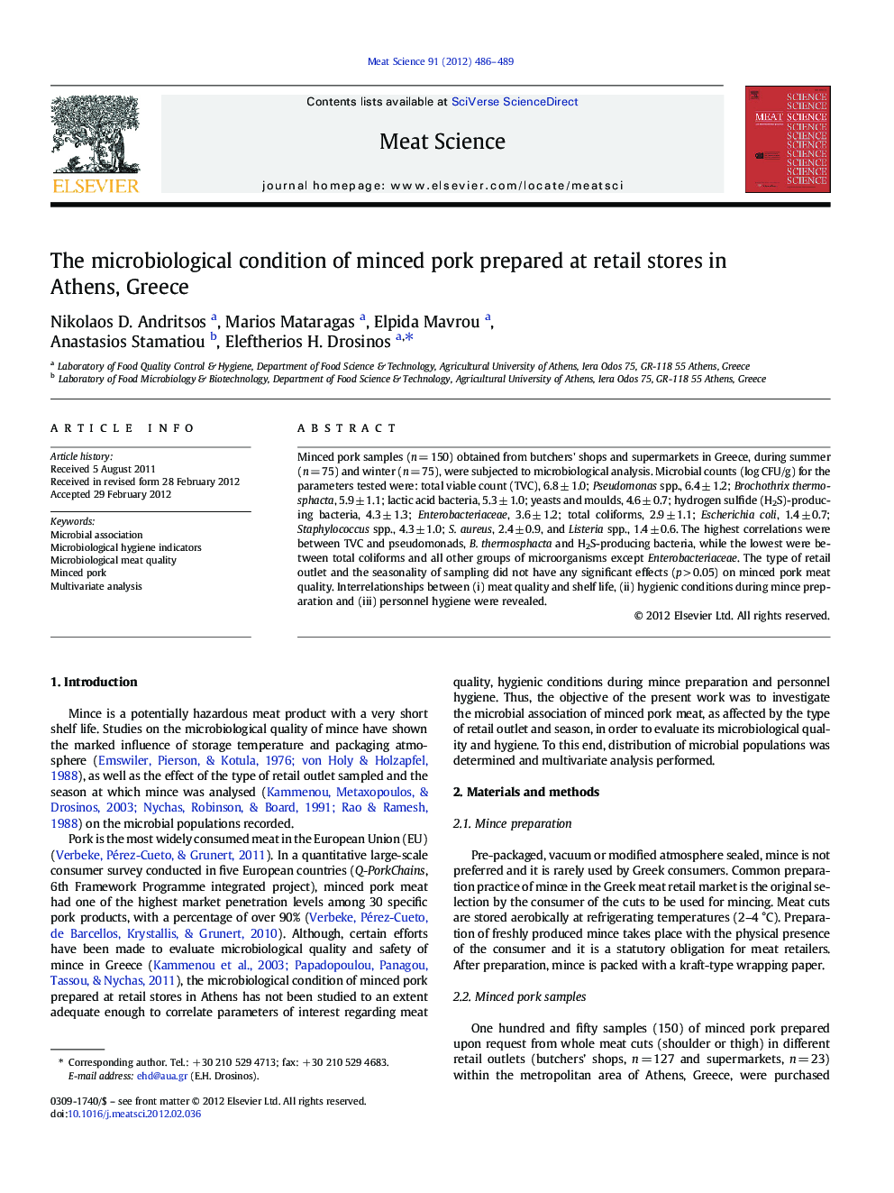 The microbiological condition of minced pork prepared at retail stores in Athens, Greece