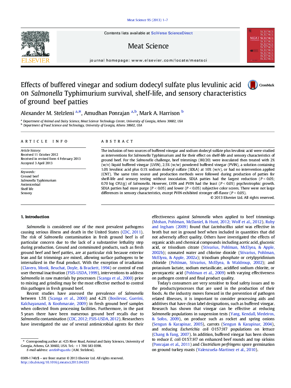 Effects of buffered vinegar and sodium dodecyl sulfate plus levulinic acid on Salmonella Typhimurium survival, shelf-life, and sensory characteristics of ground beef patties