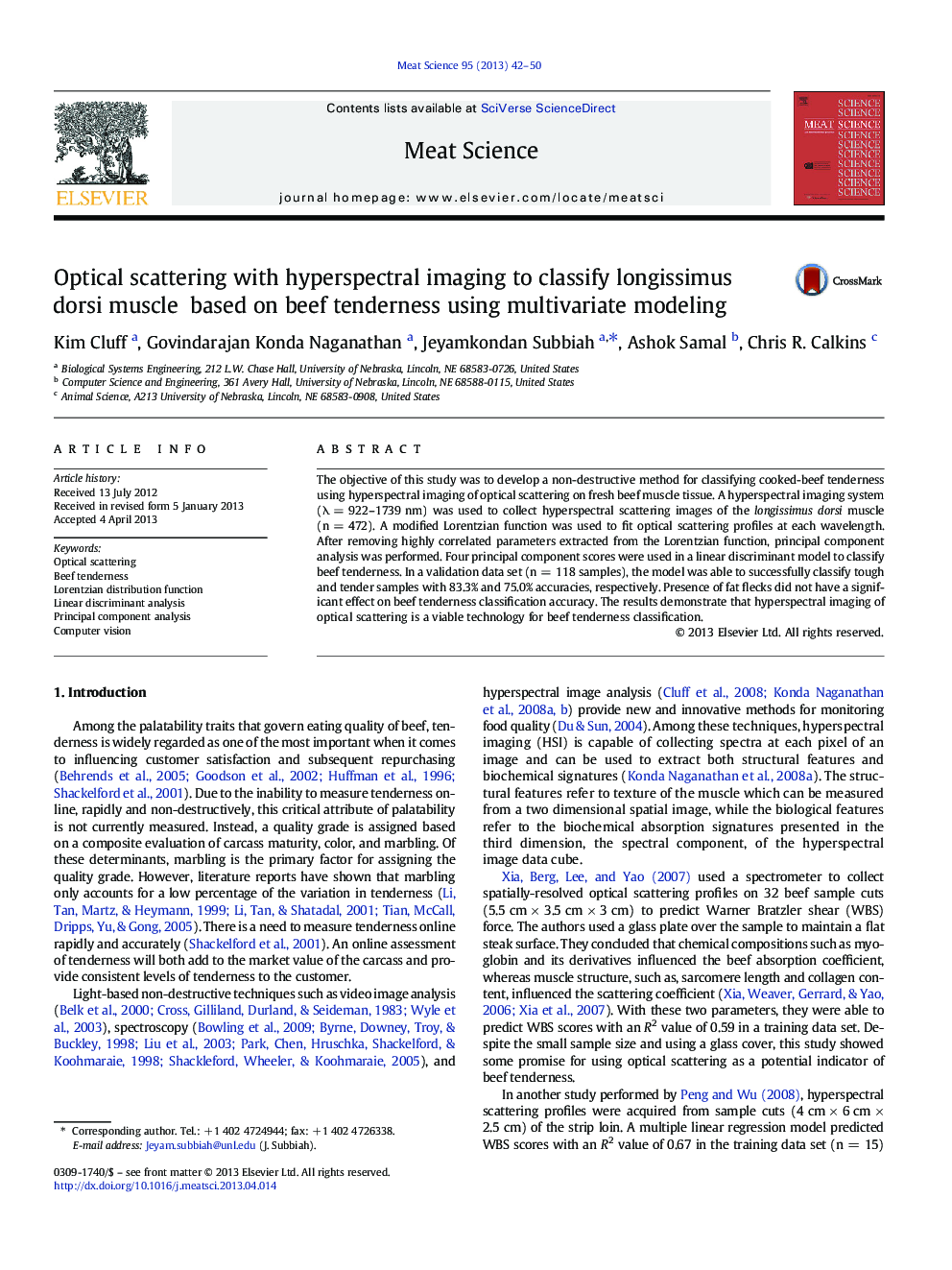 Optical scattering with hyperspectral imaging to classify longissimus dorsi muscle based on beef tenderness using multivariate modeling