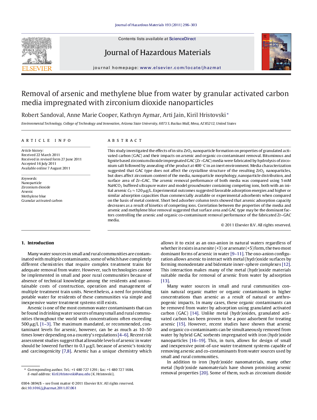 Removal of arsenic and methylene blue from water by granular activated carbon media impregnated with zirconium dioxide nanoparticles