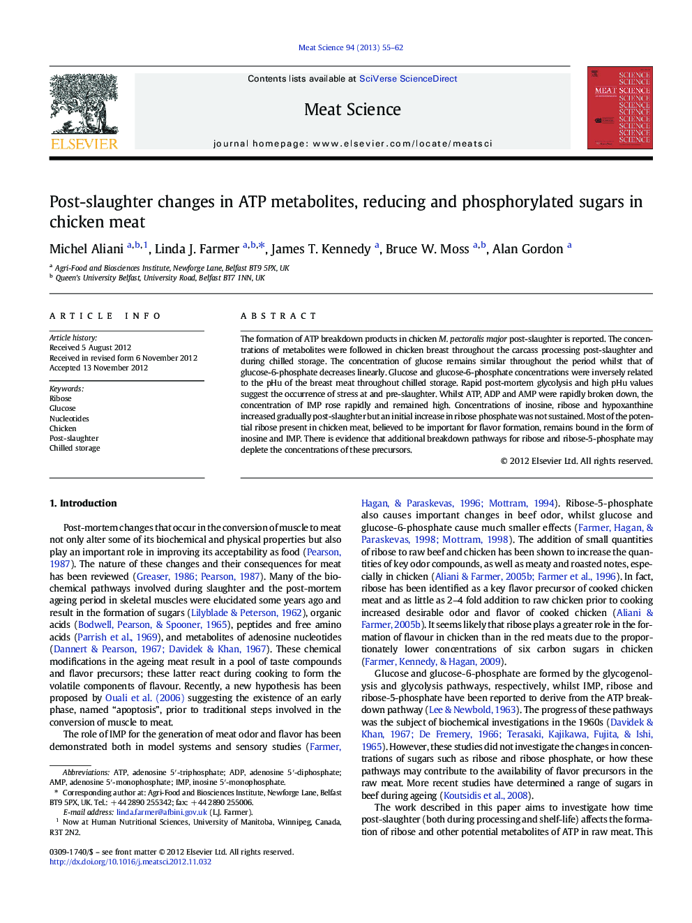 Post-slaughter changes in ATP metabolites, reducing and phosphorylated sugars in chicken meat