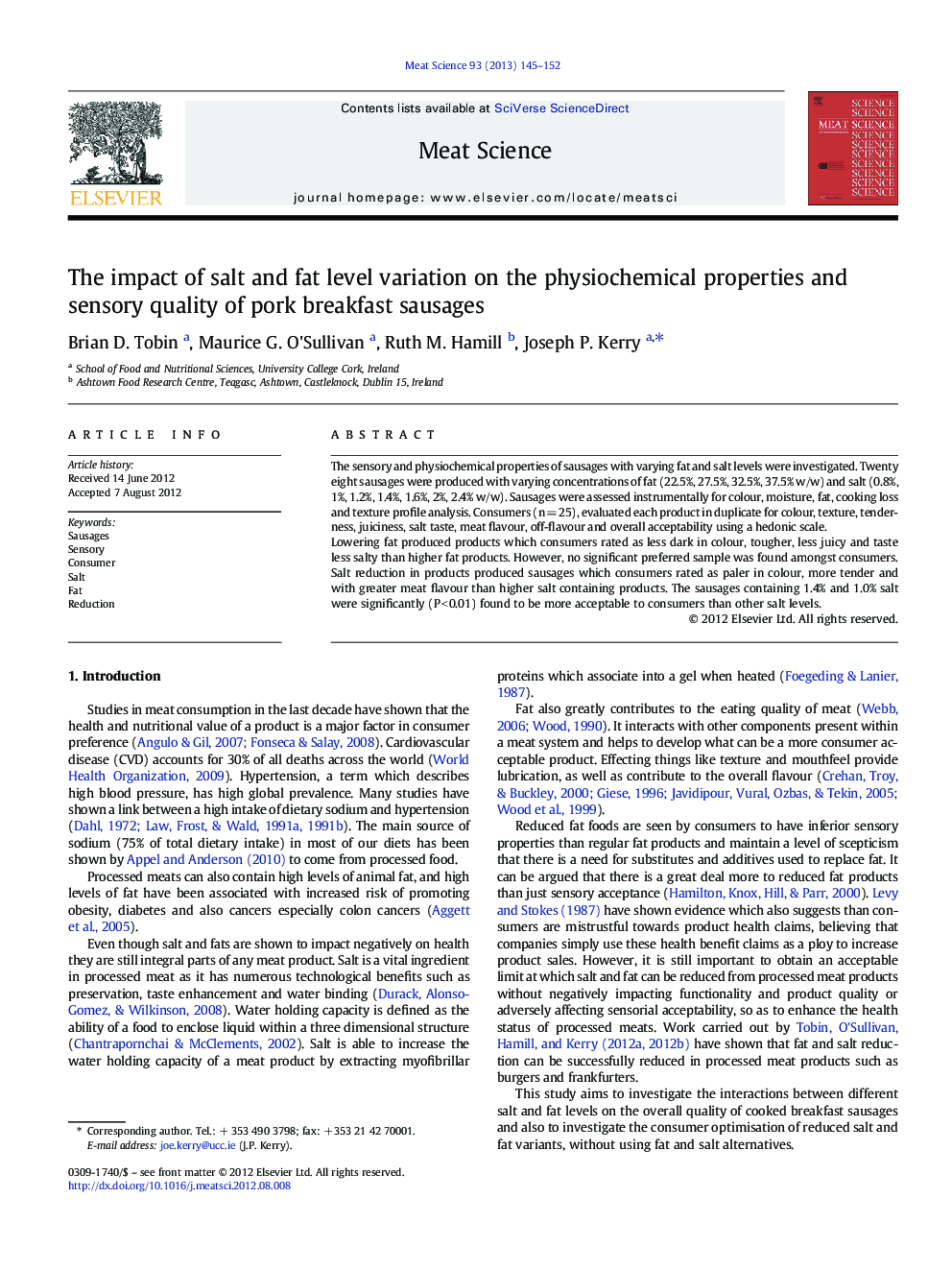 The impact of salt and fat level variation on the physiochemical properties and sensory quality of pork breakfast sausages