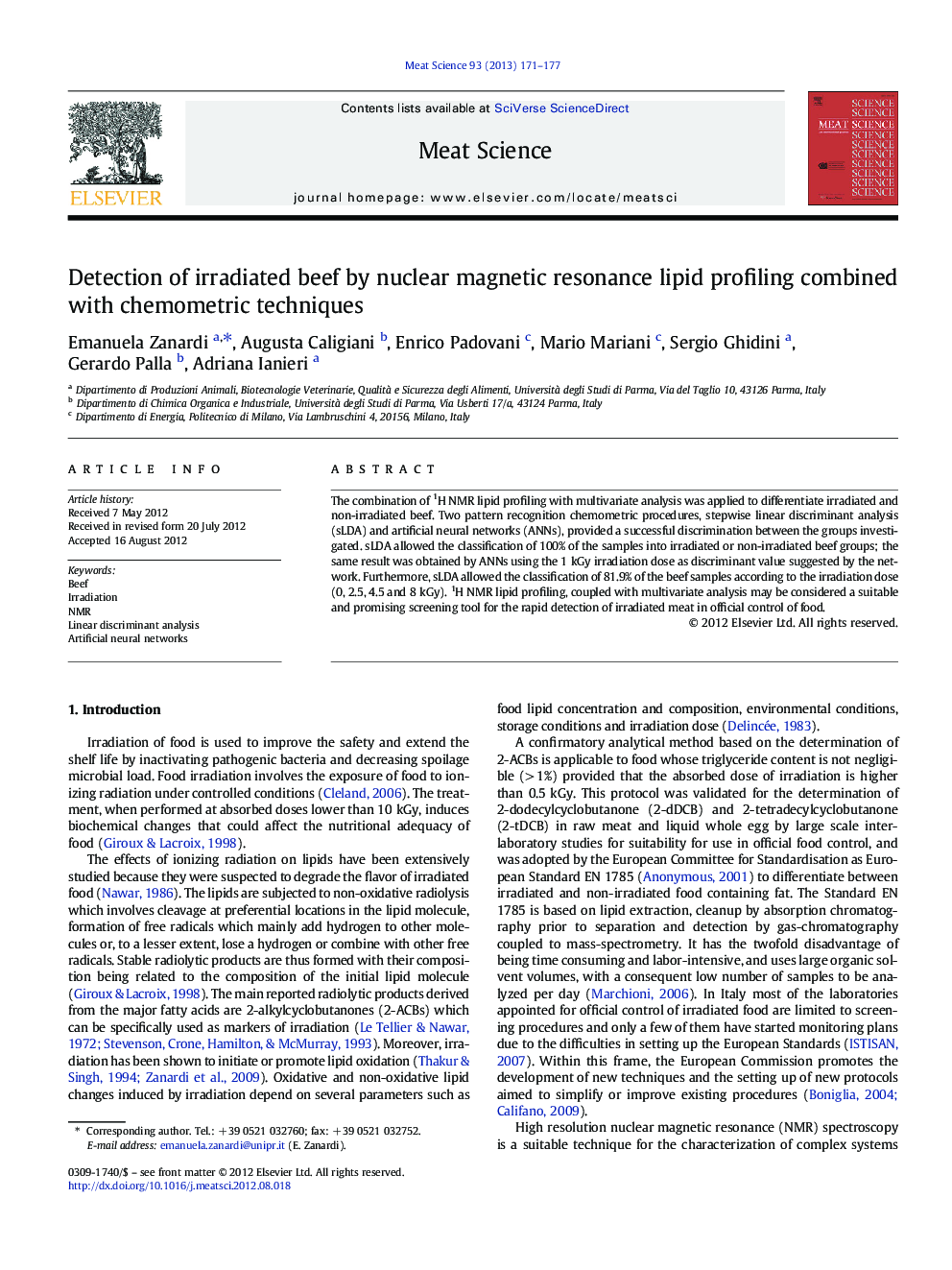 Detection of irradiated beef by nuclear magnetic resonance lipid profiling combined with chemometric techniques