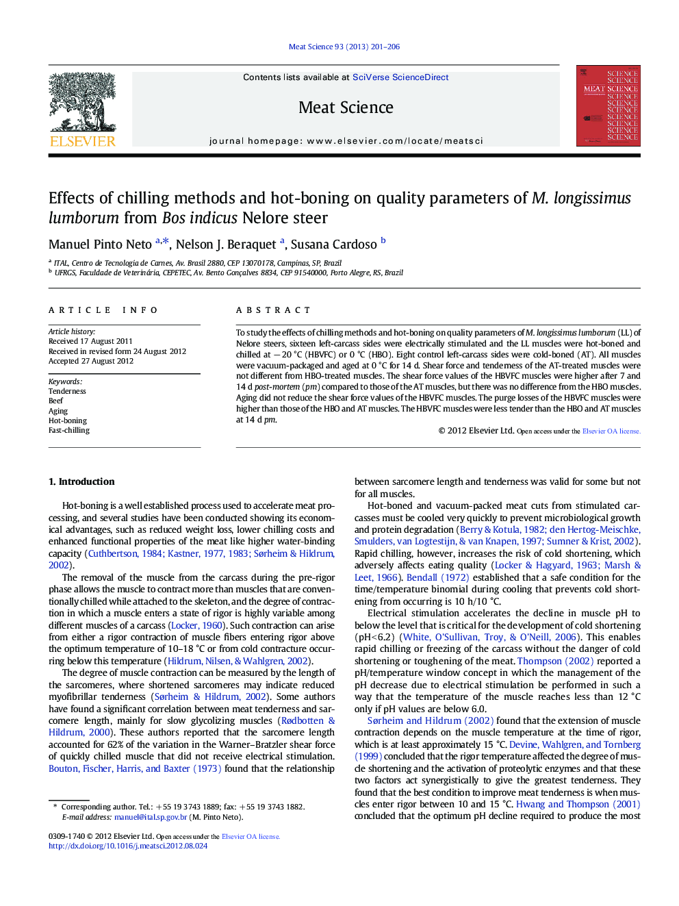 Effects of chilling methods and hot-boning on quality parameters of M. longissimus lumborum from Bos indicus Nelore steer