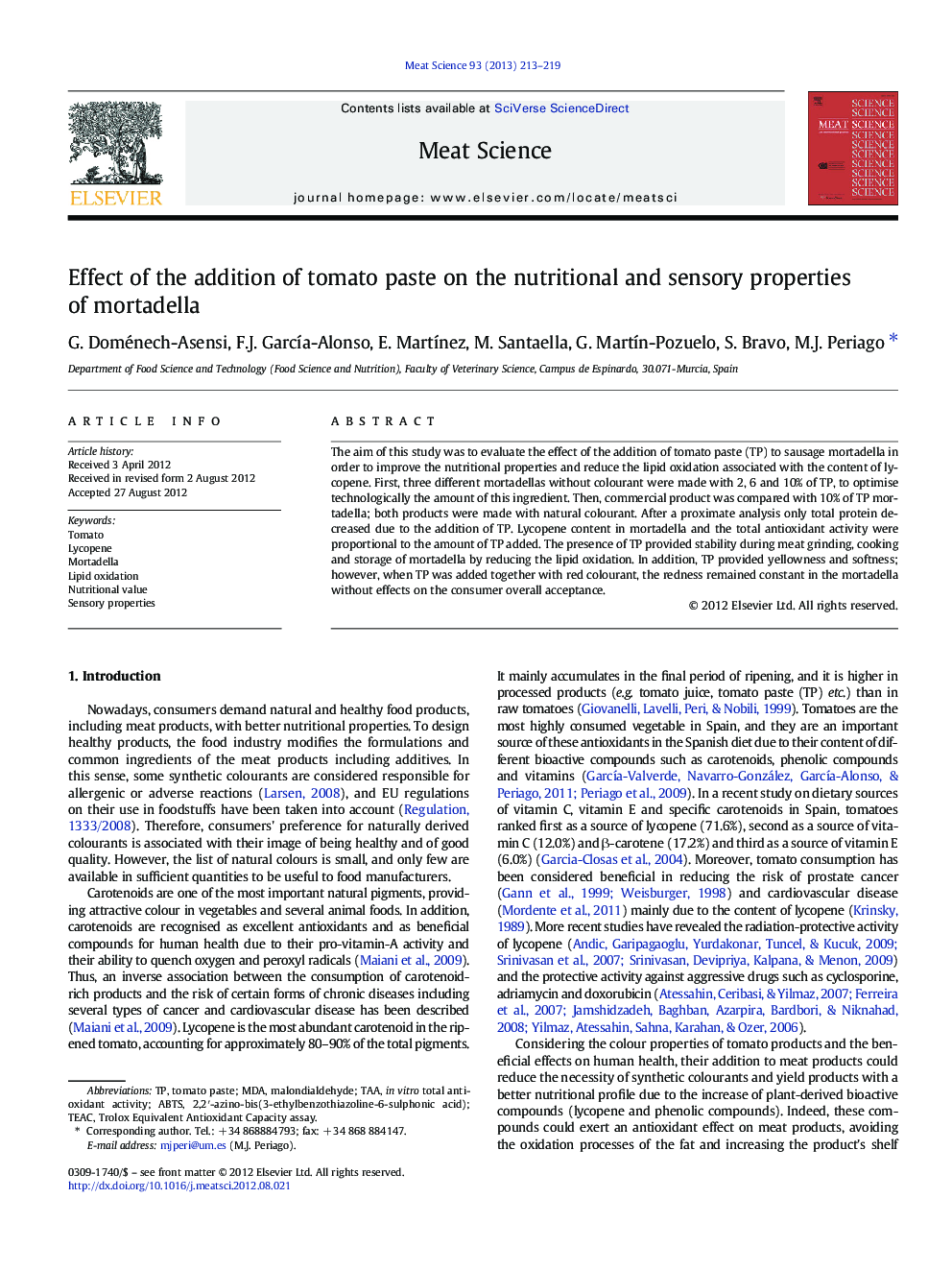 Effect of the addition of tomato paste on the nutritional and sensory properties of mortadella