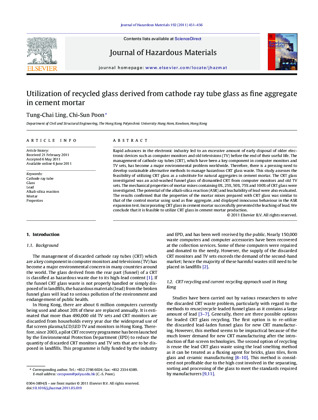 Utilization of recycled glass derived from cathode ray tube glass as fine aggregate in cement mortar