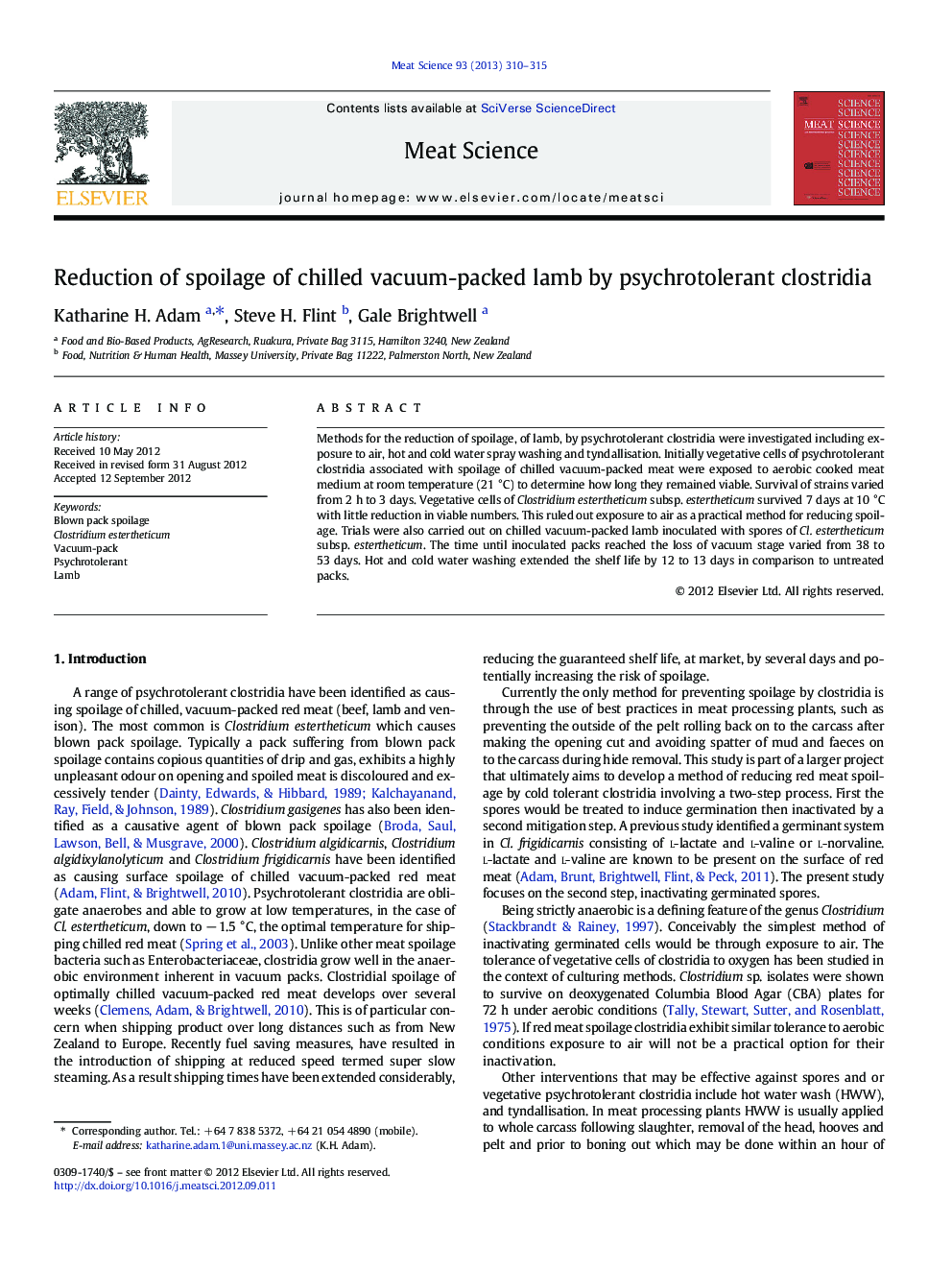 Reduction of spoilage of chilled vacuum-packed lamb by psychrotolerant clostridia