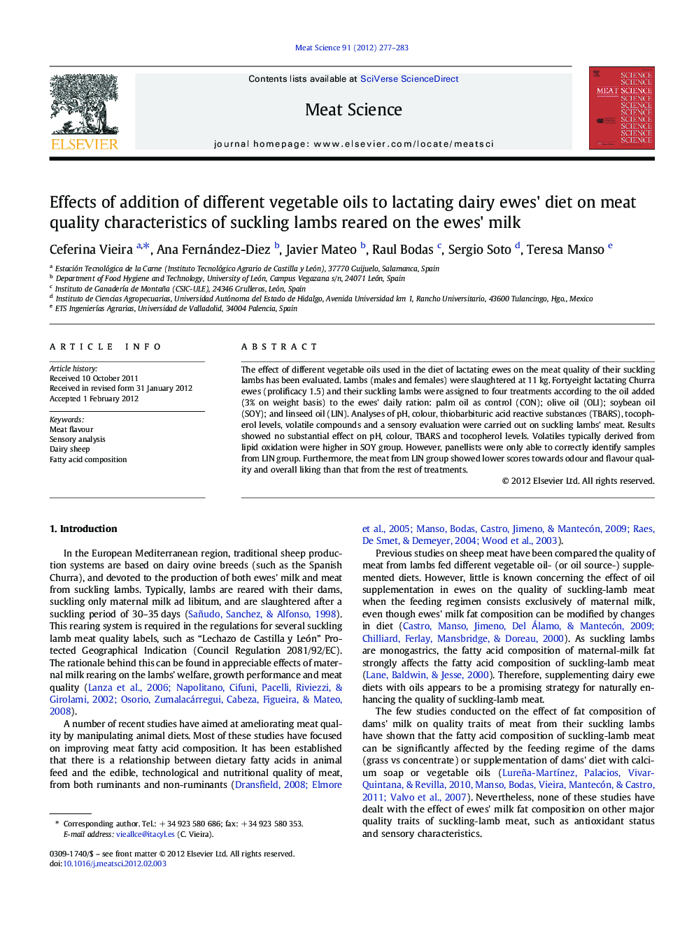 Effects of addition of different vegetable oils to lactating dairy ewes' diet on meat quality characteristics of suckling lambs reared on the ewes' milk