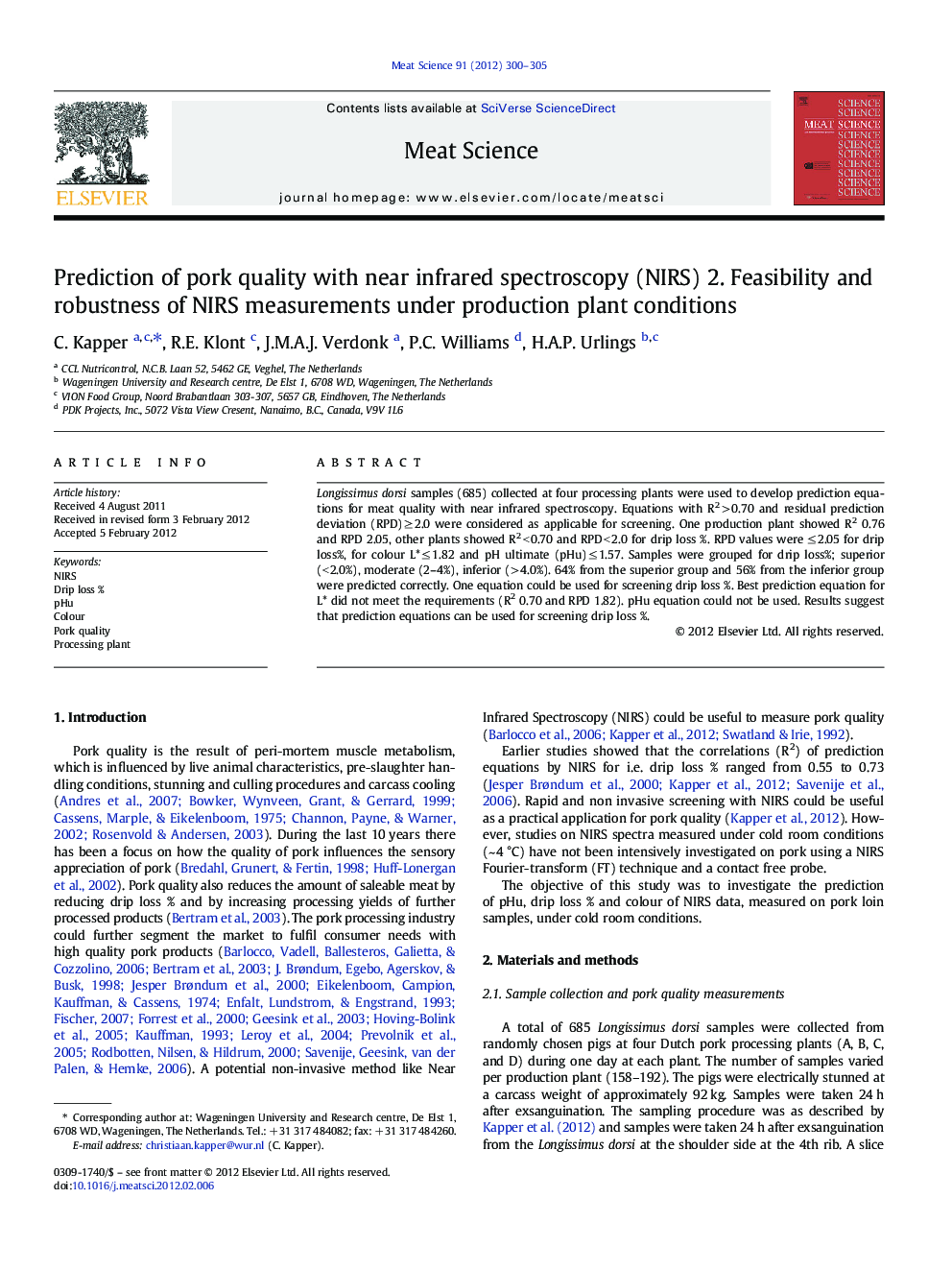 Prediction of pork quality with near infrared spectroscopy (NIRS) 2. Feasibility and robustness of NIRS measurements under production plant conditions