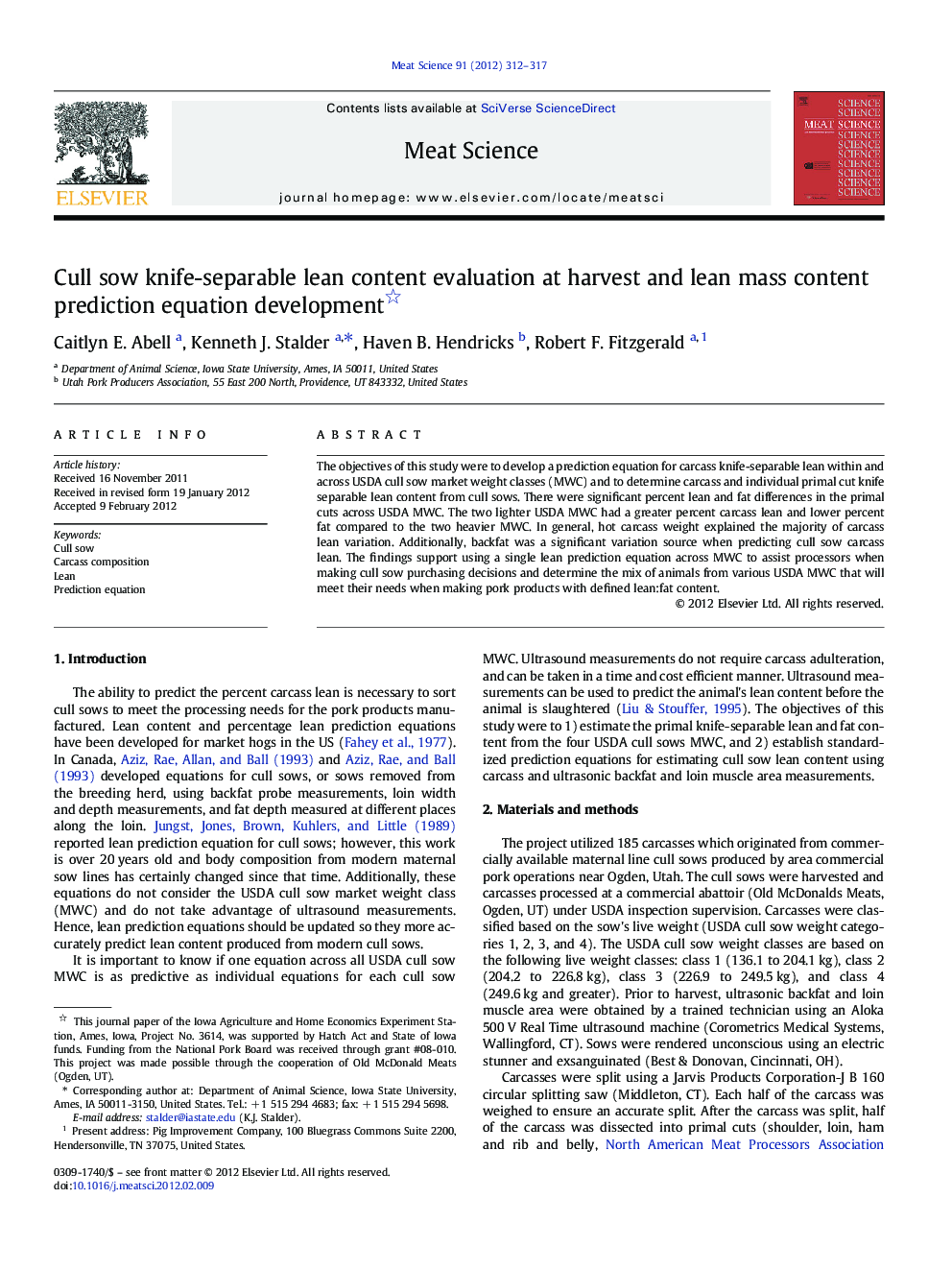 Cull sow knife-separable lean content evaluation at harvest and lean mass content prediction equation development