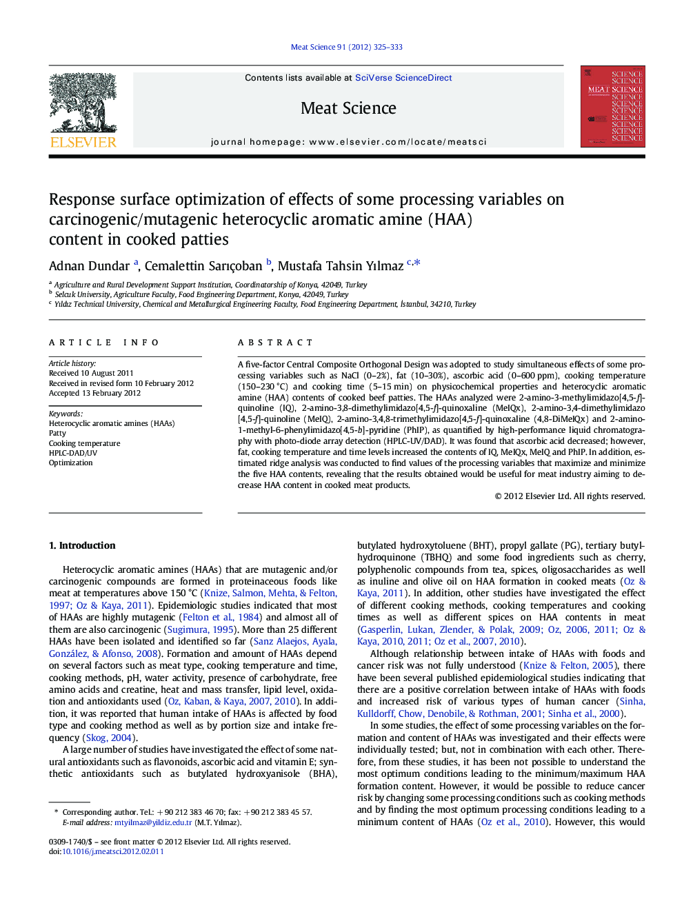 Response surface optimization of effects of some processing variables on carcinogenic/mutagenic heterocyclic aromatic amine (HAA) content in cooked patties