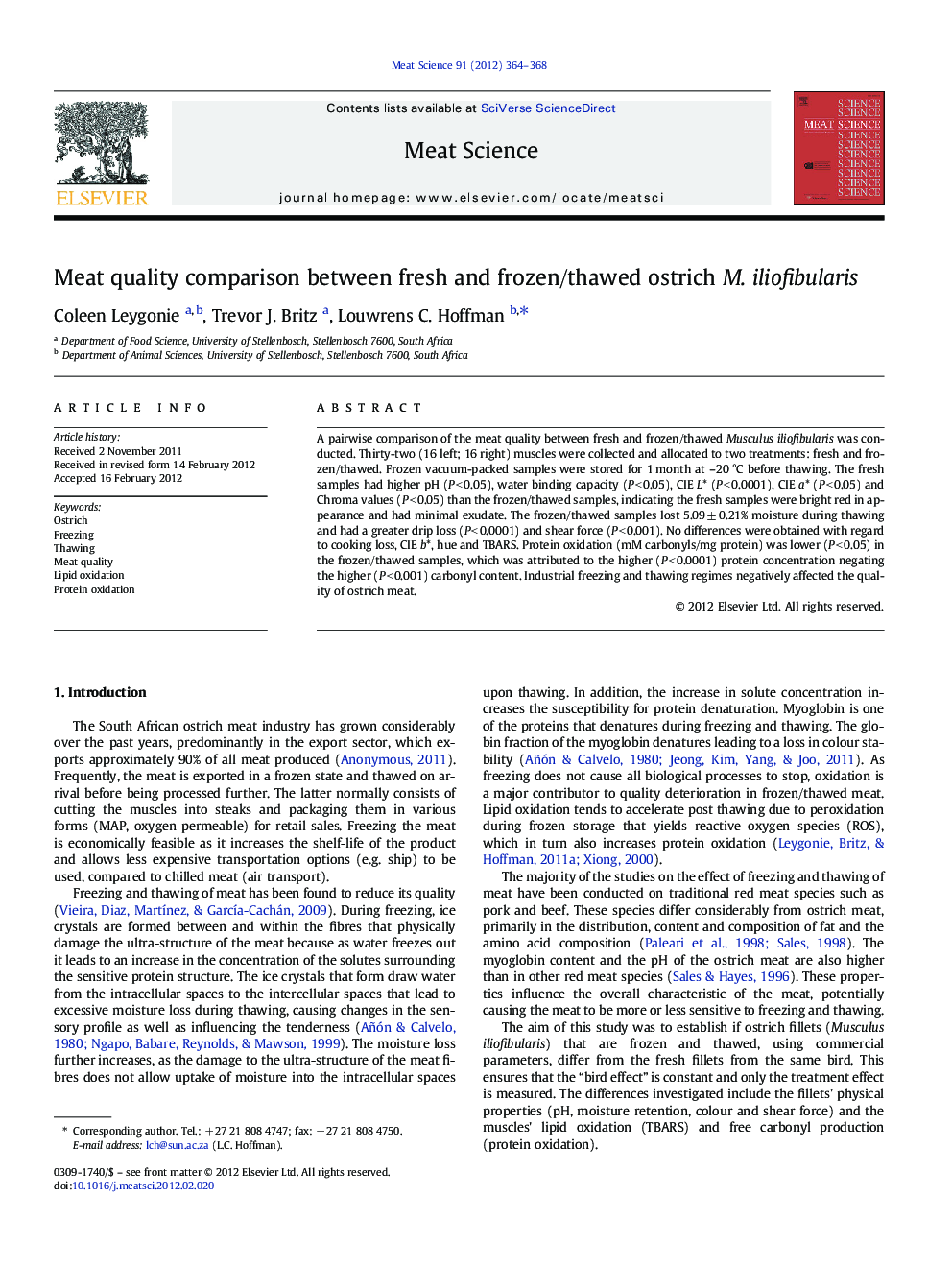 Meat quality comparison between fresh and frozen/thawed ostrich M. iliofibularis