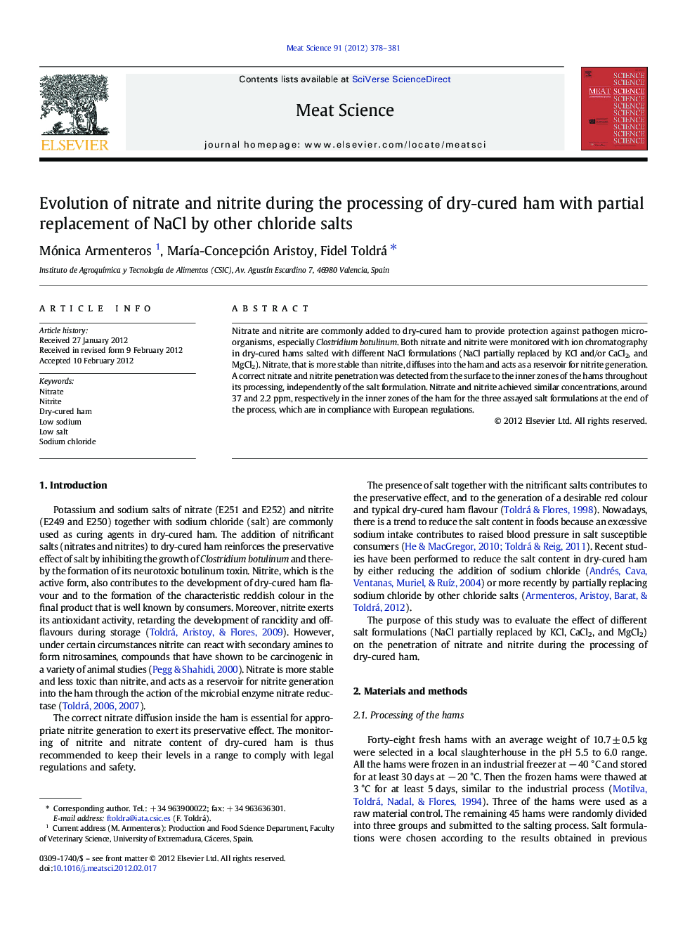 Evolution of nitrate and nitrite during the processing of dry-cured ham with partial replacement of NaCl by other chloride salts