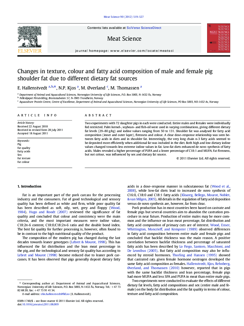 Changes in texture, colour and fatty acid composition of male and female pig shoulder fat due to different dietary fat sources