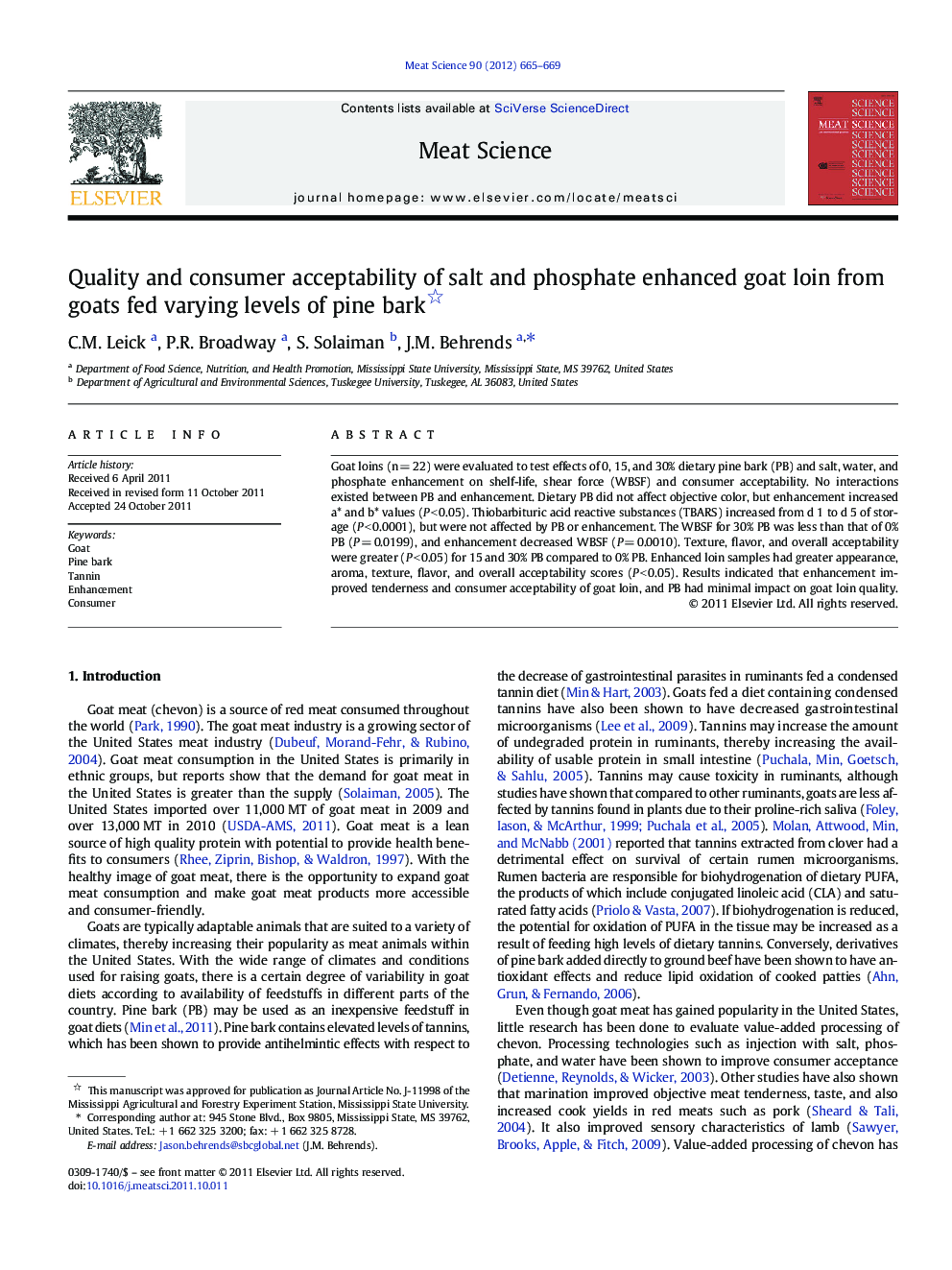 Quality and consumer acceptability of salt and phosphate enhanced goat loin from goats fed varying levels of pine bark