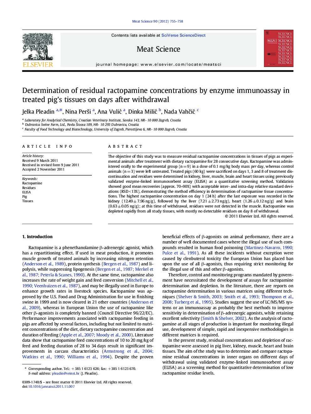 Determination of residual ractopamine concentrations by enzyme immunoassay in treated pig's tissues on days after withdrawal