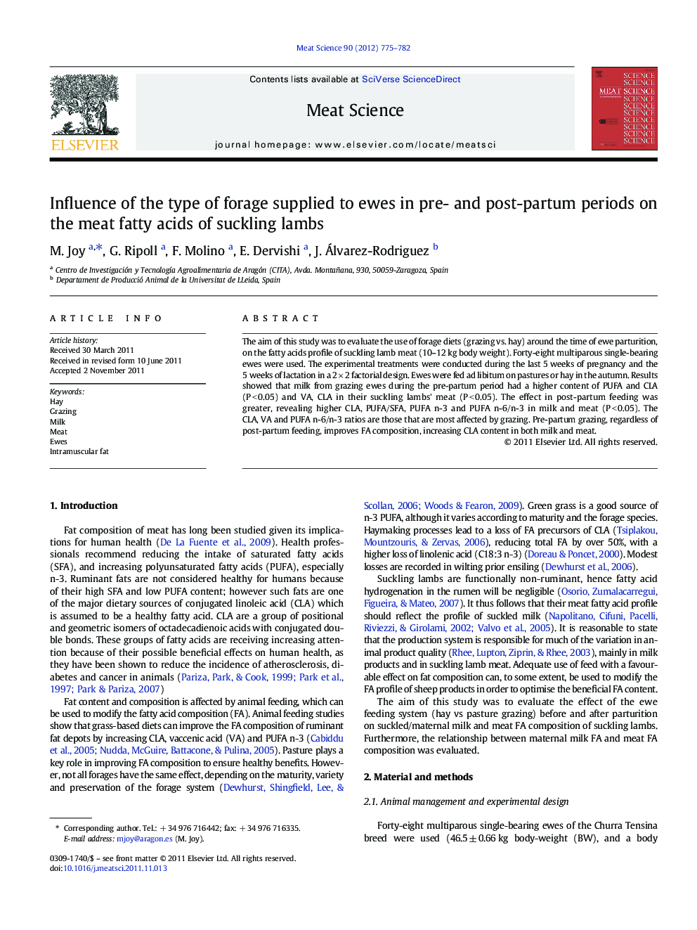 Influence of the type of forage supplied to ewes in pre- and post-partum periods on the meat fatty acids of suckling lambs