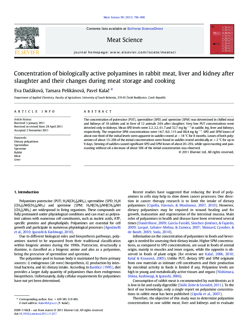 Concentration of biologically active polyamines in rabbit meat, liver and kidney after slaughter and their changes during meat storage and cooking