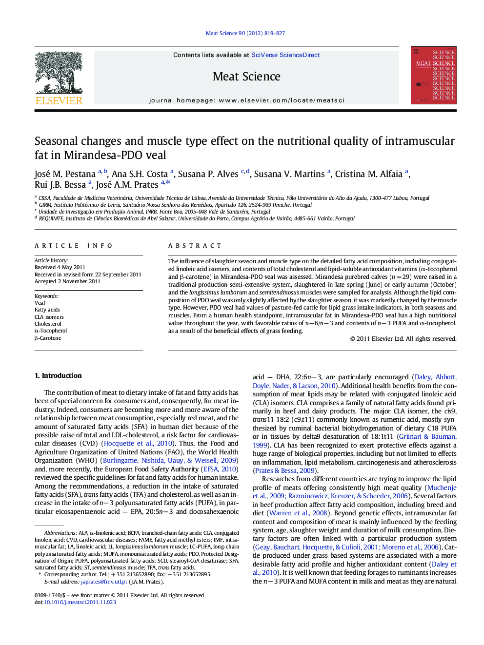 Seasonal changes and muscle type effect on the nutritional quality of intramuscular fat in Mirandesa-PDO veal