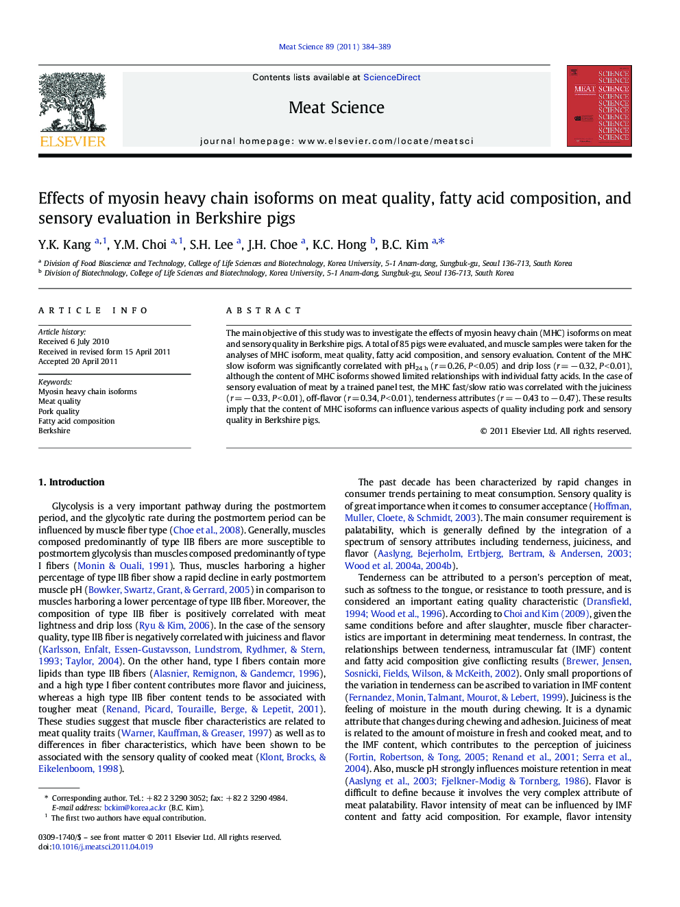 Effects of myosin heavy chain isoforms on meat quality, fatty acid composition, and sensory evaluation in Berkshire pigs