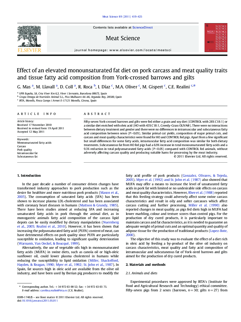 Effect of an elevated monounsaturated fat diet on pork carcass and meat quality traits and tissue fatty acid composition from York-crossed barrows and gilts