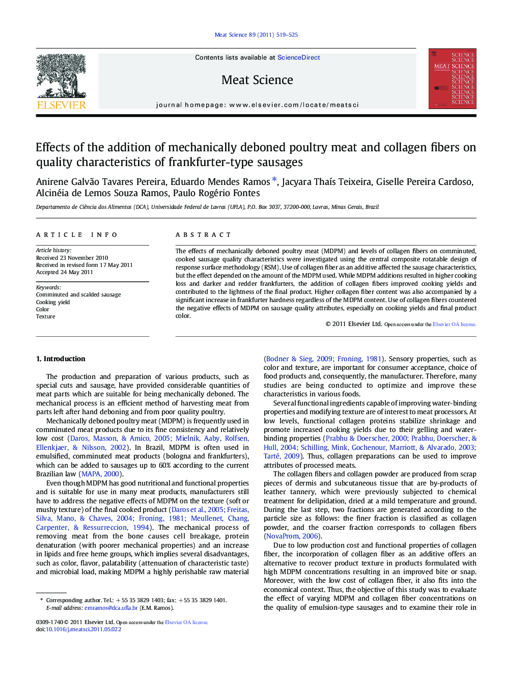 Effects of the addition of mechanically deboned poultry meat and collagen fibers on quality characteristics of frankfurter-type sausages