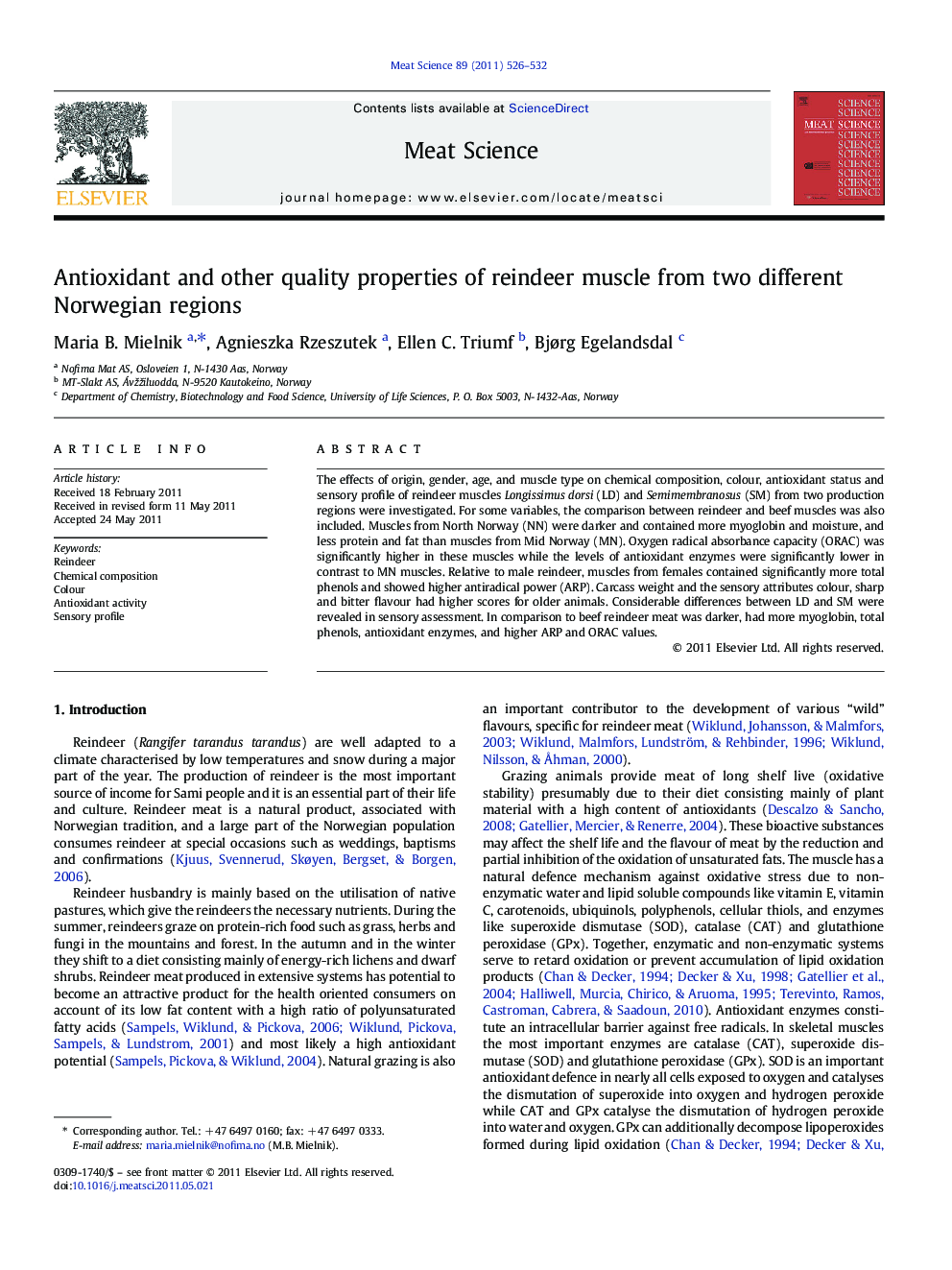 Antioxidant and other quality properties of reindeer muscle from two different Norwegian regions