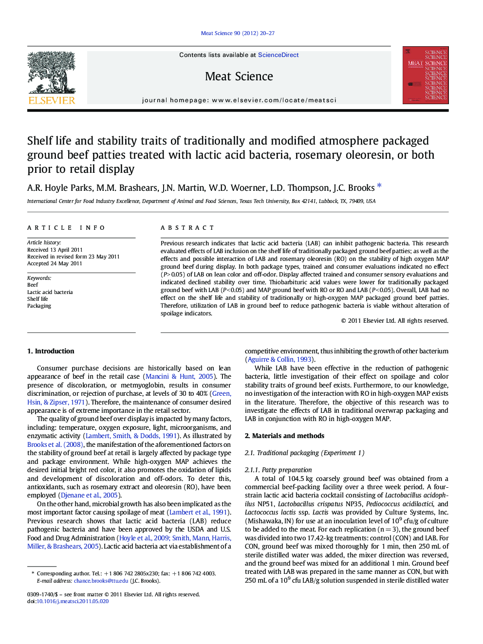 Shelf life and stability traits of traditionally and modified atmosphere packaged ground beef patties treated with lactic acid bacteria, rosemary oleoresin, or both prior to retail display