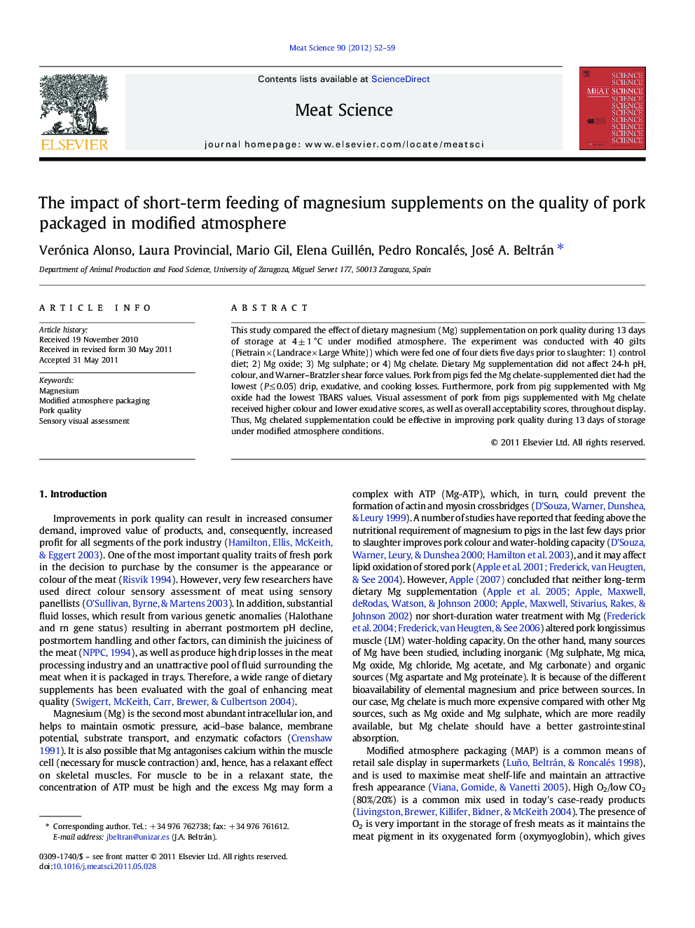 The impact of short-term feeding of magnesium supplements on the quality of pork packaged in modified atmosphere