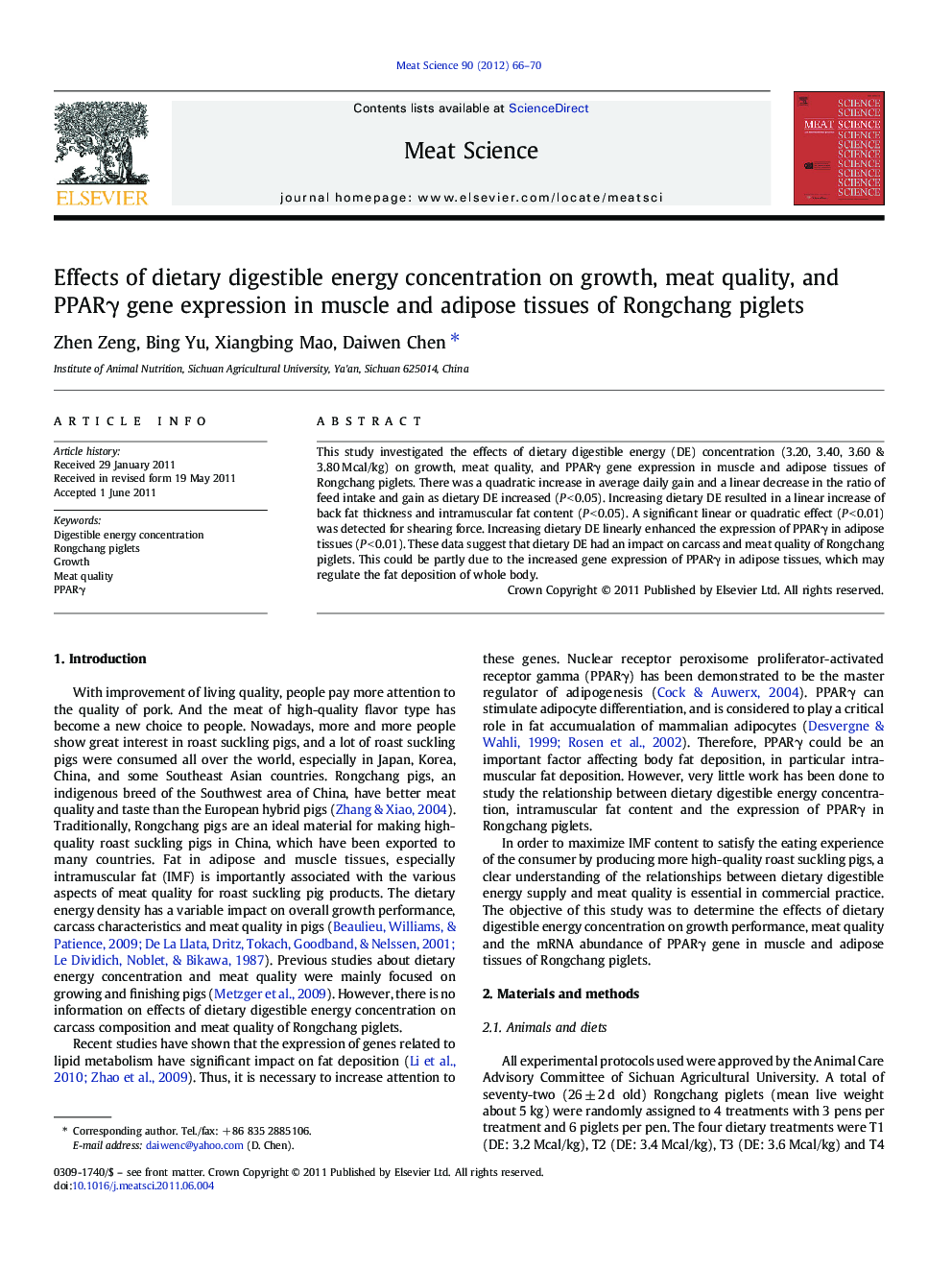 Effects of dietary digestible energy concentration on growth, meat quality, and PPARÎ³ gene expression in muscle and adipose tissues of Rongchang piglets