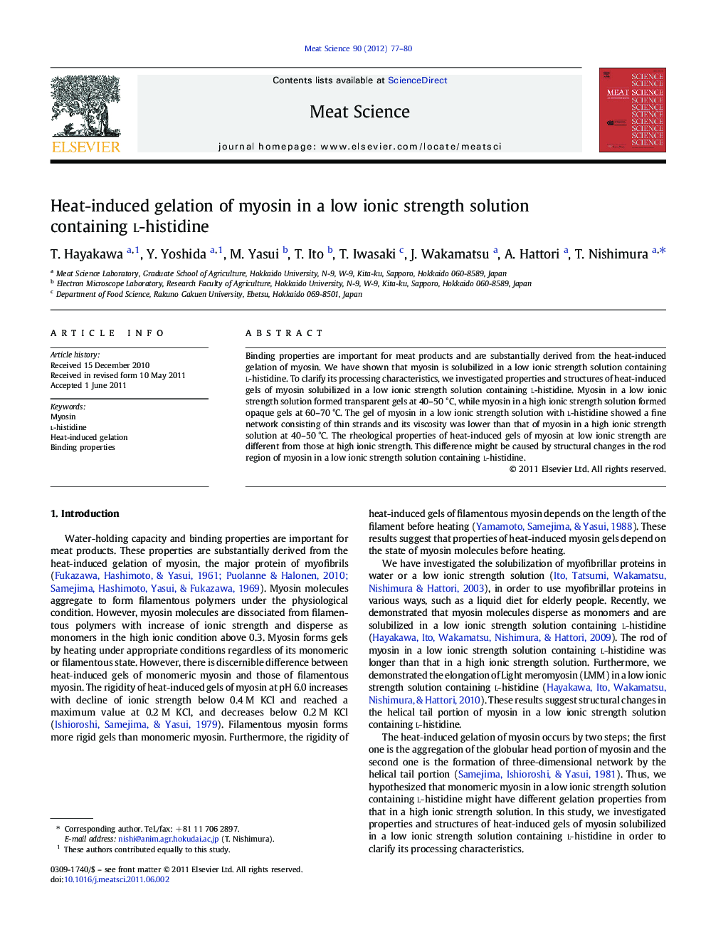 Heat-induced gelation of myosin in a low ionic strength solution containing L-histidine