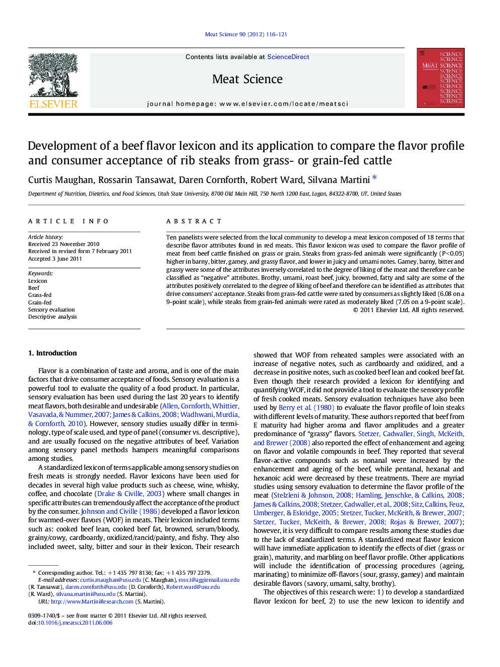 Development of a beef flavor lexicon and its application to compare the flavor profile and consumer acceptance of rib steaks from grass- or grain-fed cattle