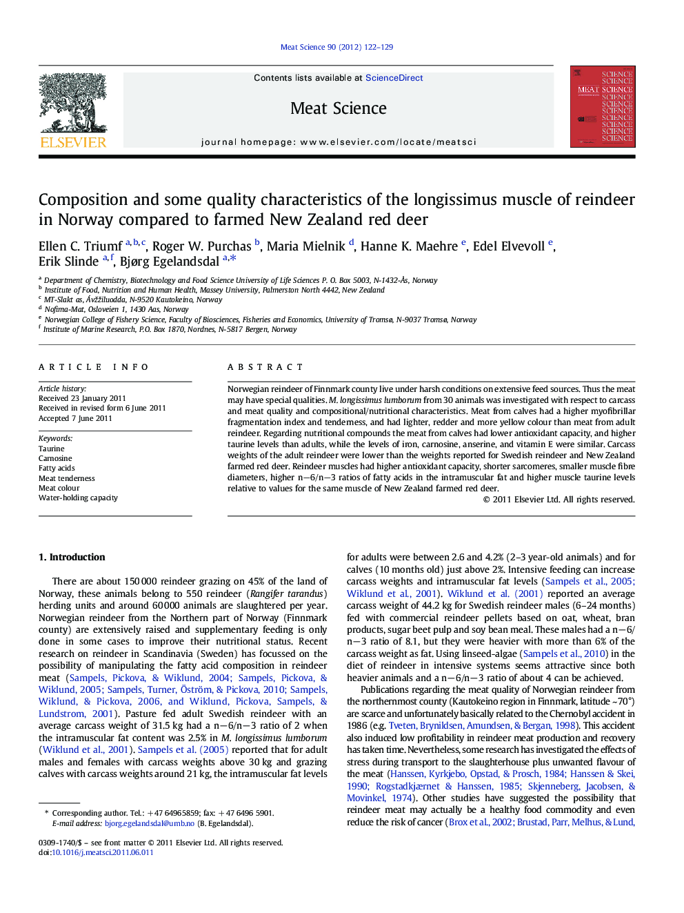 Composition and some quality characteristics of the longissimus muscle of reindeer in Norway compared to farmed New Zealand red deer