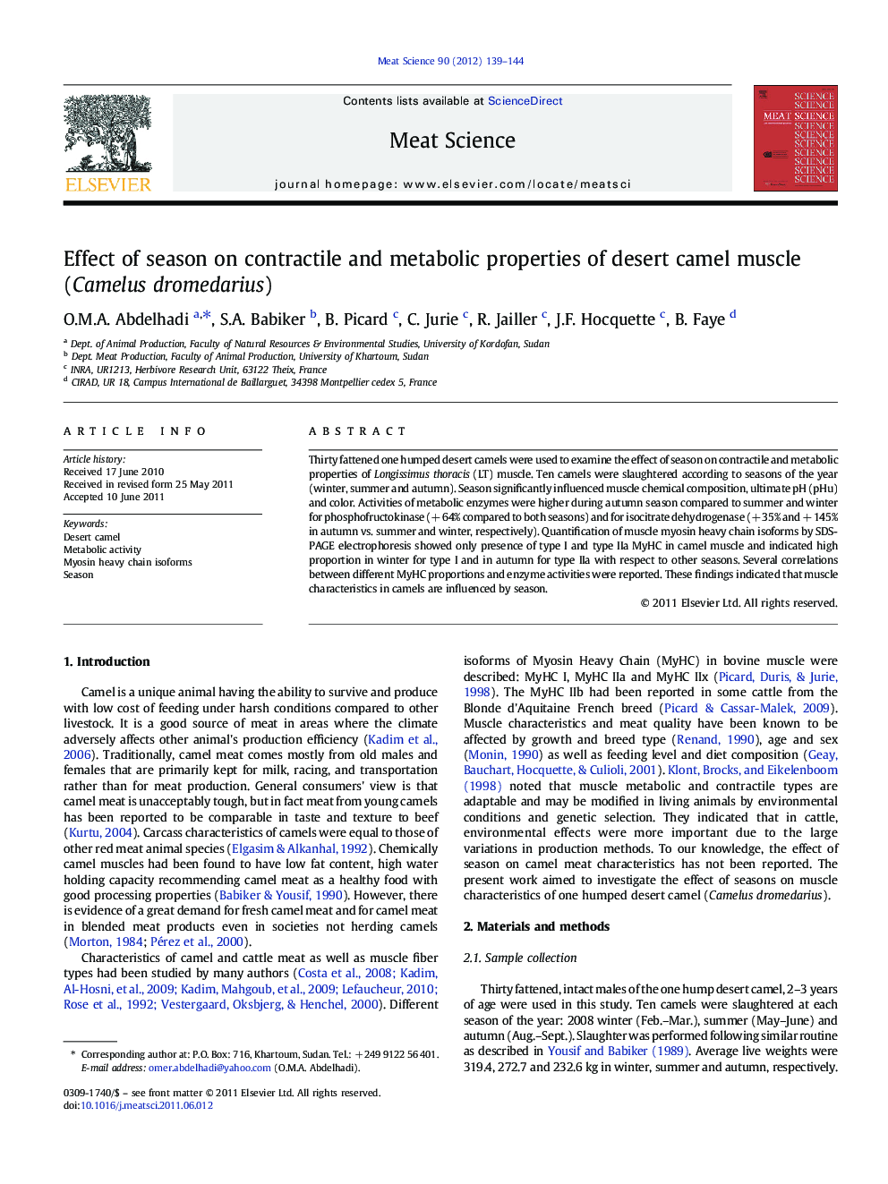 Effect of season on contractile and metabolic properties of desert camel muscle (Camelus dromedarius)