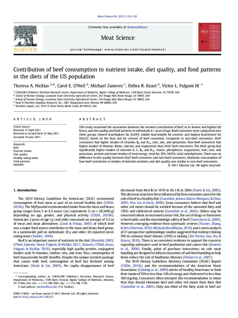 Contribution of beef consumption to nutrient intake, diet quality, and food patterns in the diets of the US population