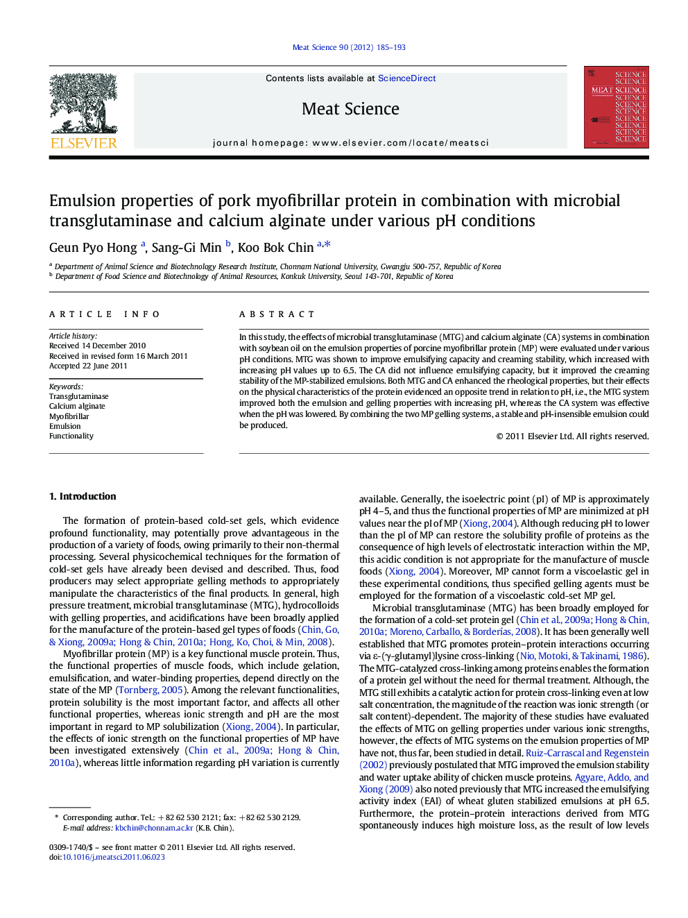 Emulsion properties of pork myofibrillar protein in combination with microbial transglutaminase and calcium alginate under various pH conditions