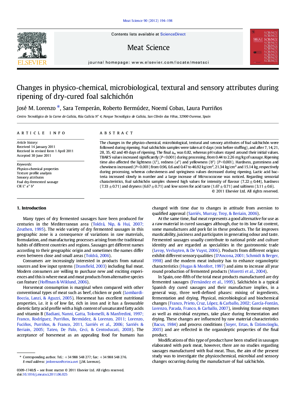 Changes in physico-chemical, microbiological, textural and sensory attributes during ripening of dry-cured foal salchichón