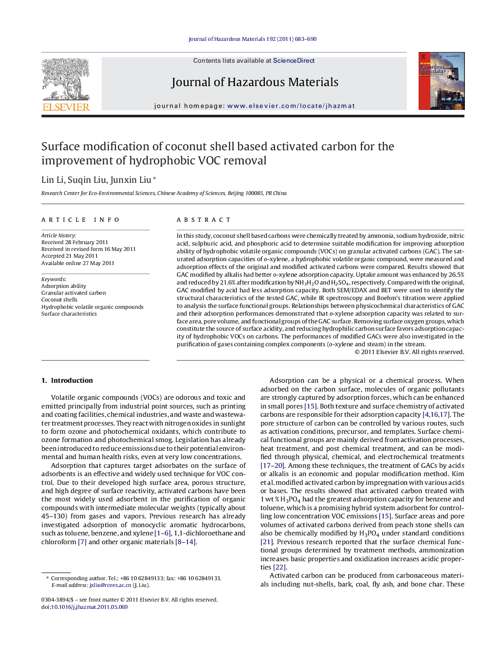 Surface modification of coconut shell based activated carbon for the improvement of hydrophobic VOC removal