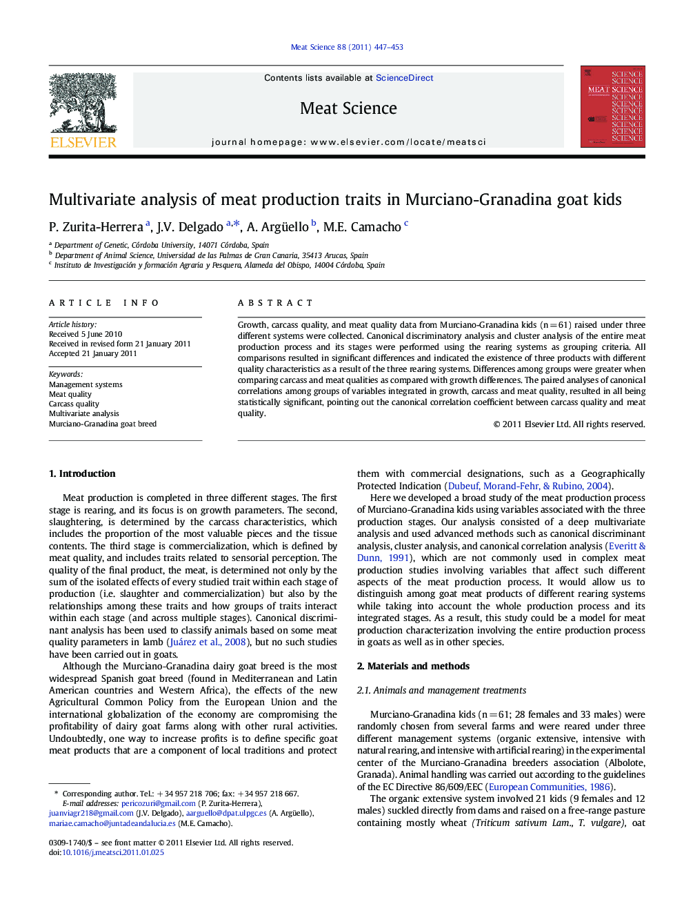 Multivariate analysis of meat production traits in Murciano-Granadina goat kids