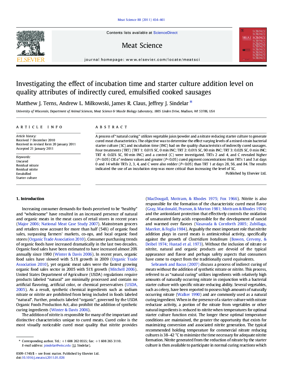 Investigating the effect of incubation time and starter culture addition level on quality attributes of indirectly cured, emulsified cooked sausages