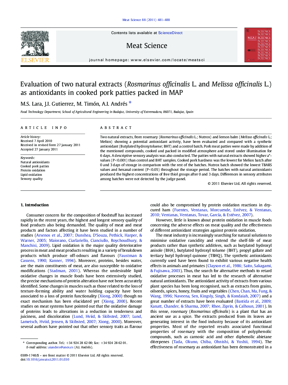 Evaluation of two natural extracts (Rosmarinus officinalis L. and Melissa officinalis L.) as antioxidants in cooked pork patties packed in MAP