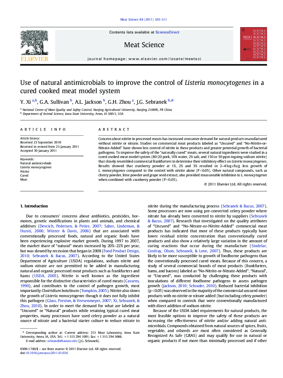 Use of natural antimicrobials to improve the control of Listeria monocytogenes in a cured cooked meat model system