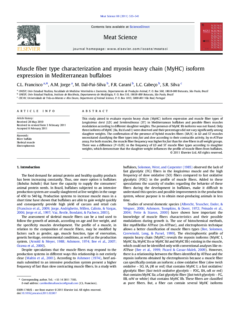 Muscle fiber type characterization and myosin heavy chain (MyHC) isoform expression in Mediterranean buffaloes